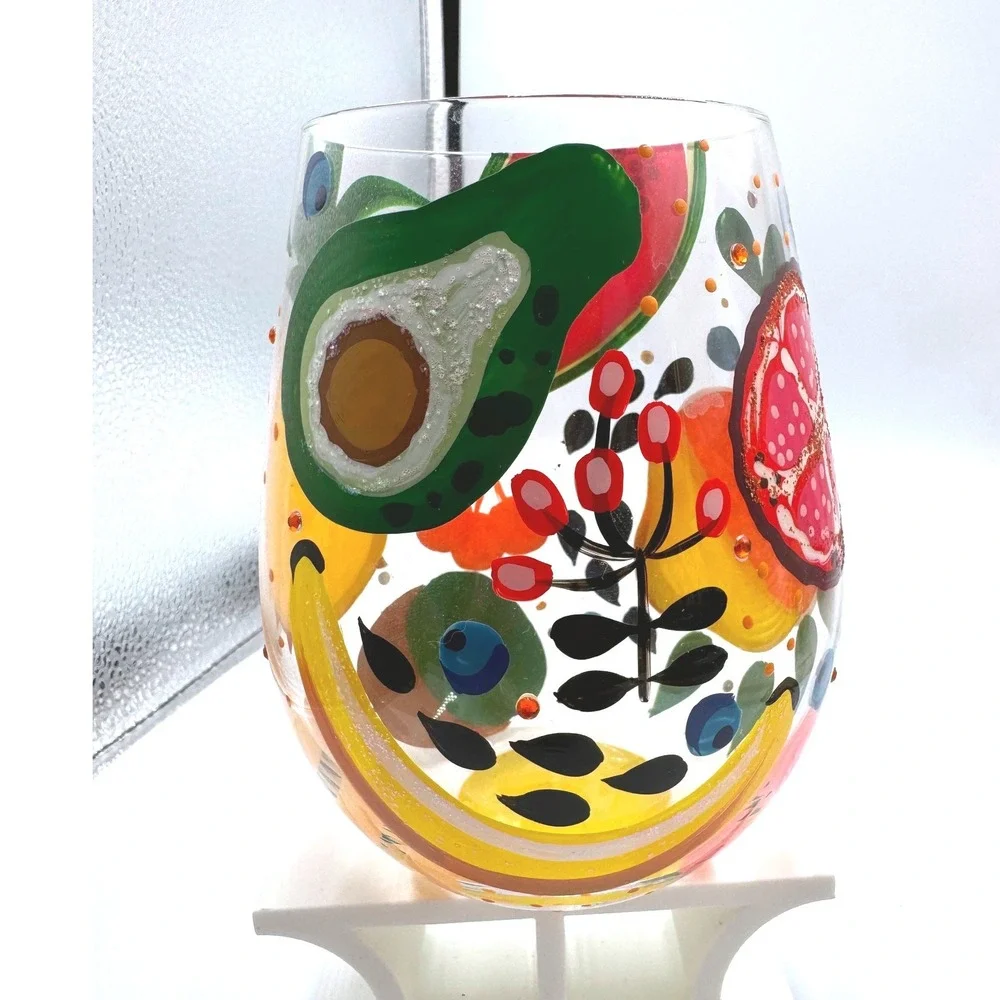 Lolita Tropical Fruit Stemless Wine Glass Hand Painted Glitter Jeweled 4.5in